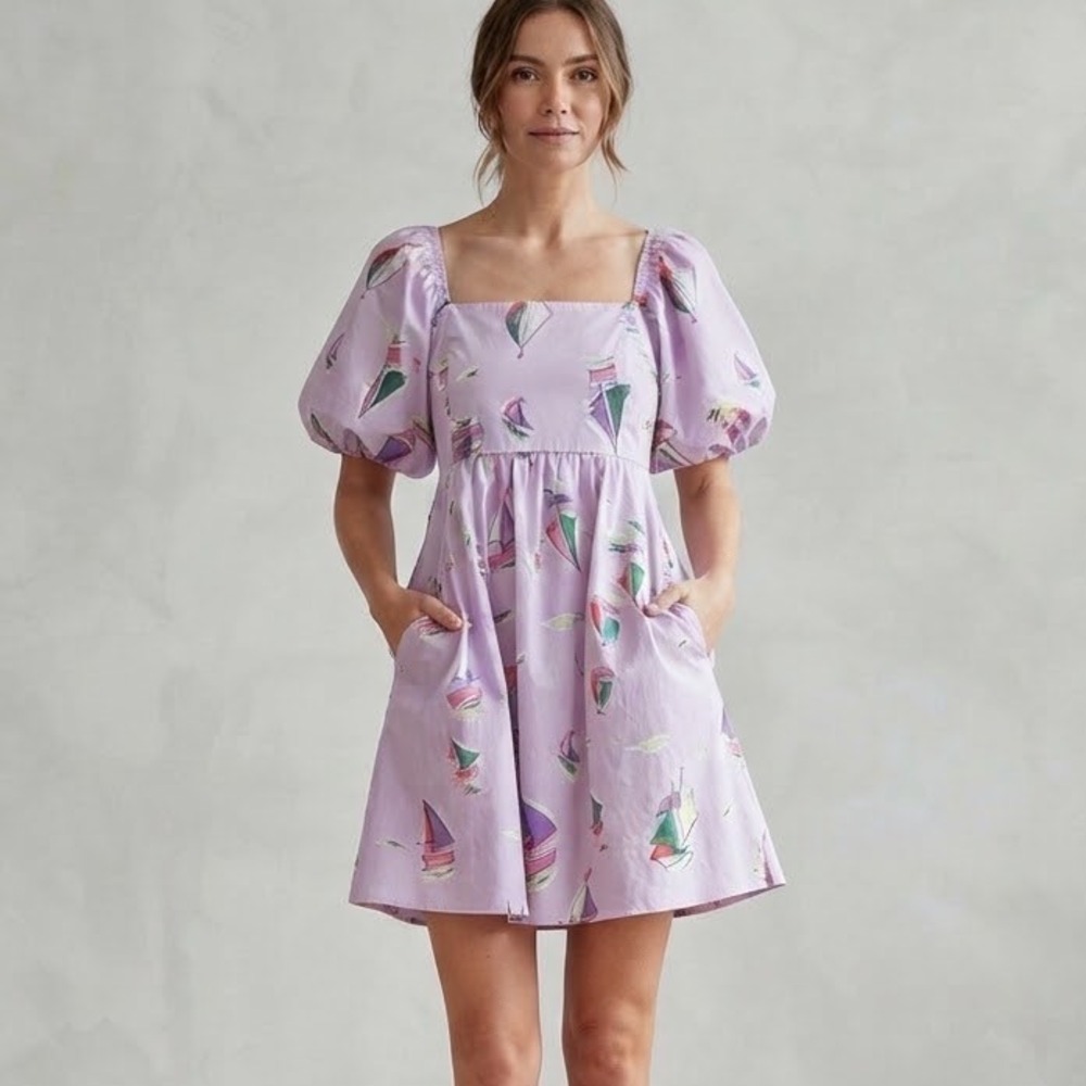 Easel Los Angeles Sailboat Print Puff Sleeve Mini Dress Lavender Size L Coastal